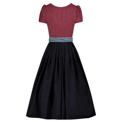 Two-tone dress with red top and black skirt on a white background
