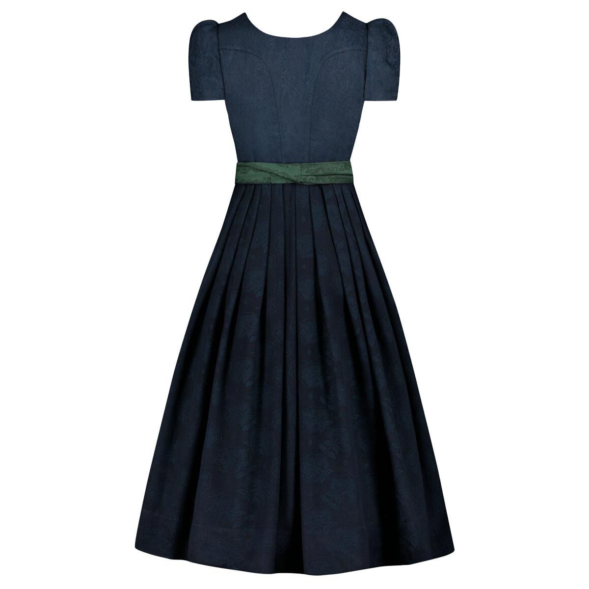 Navy blue dress with a green belt on a white background
