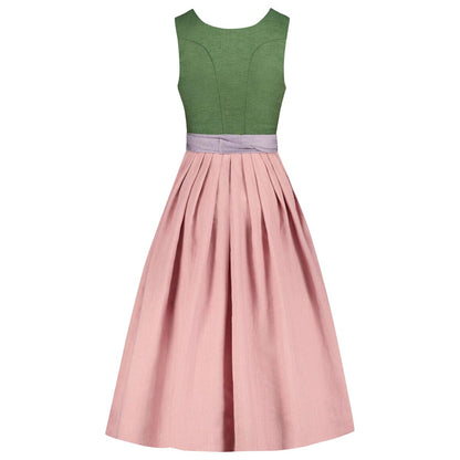 Green and pink dress with a purple belt on a white background