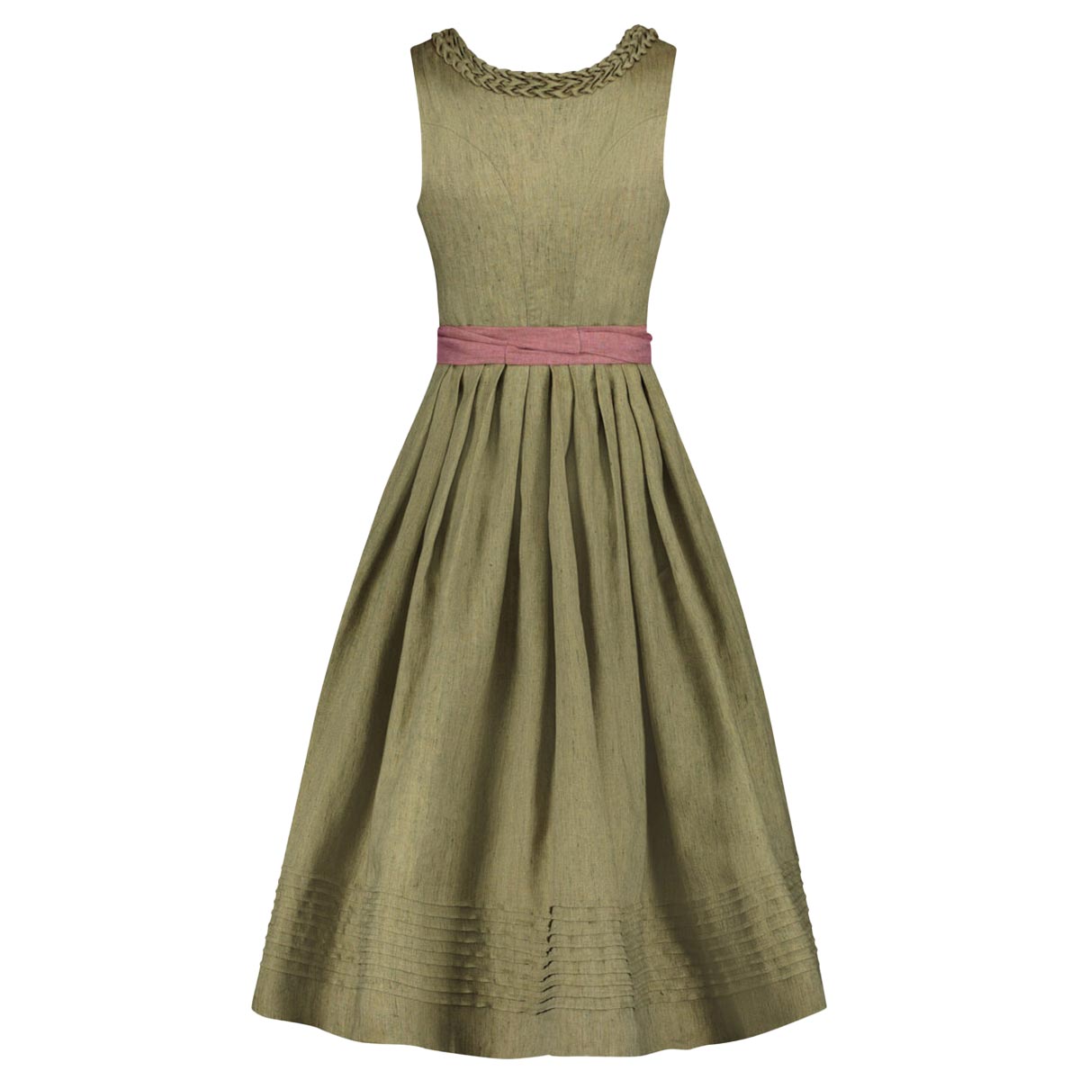 Green dress with a pink belt on a white background