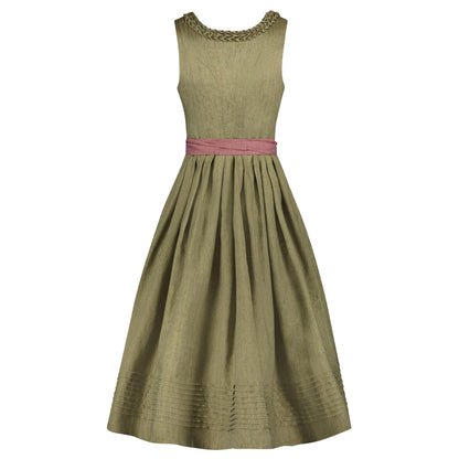 Green dress with a pink belt on a white background