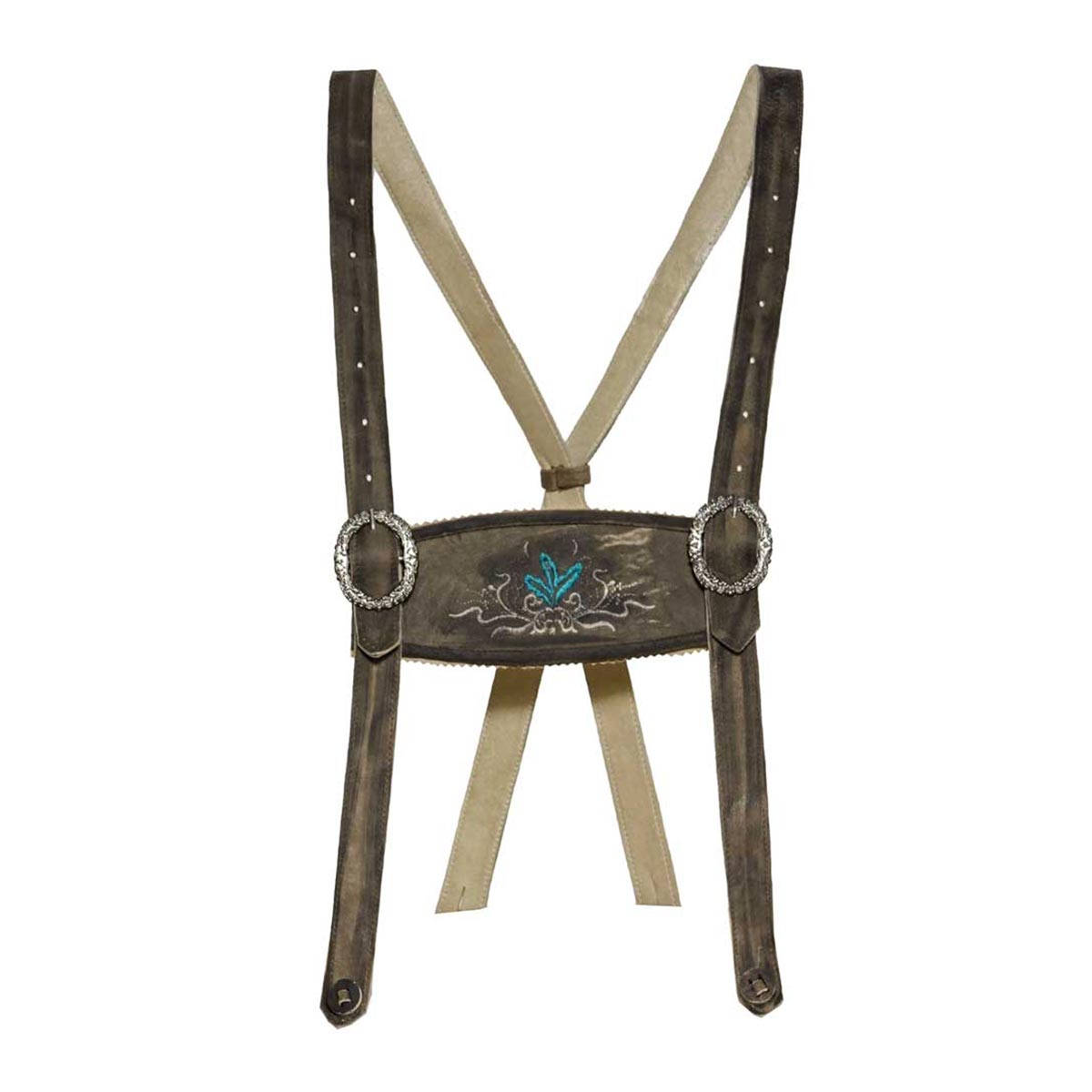 Brown leather suspenders with decorative buckle on a white background