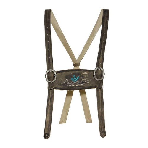 Brown leather suspenders with decorative buckle on a white background