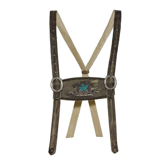 Brown leather suspenders with decorative buckle on a white background