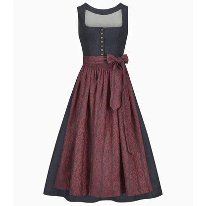 Two-tone dress with a patterned skirt and solid top on a white background