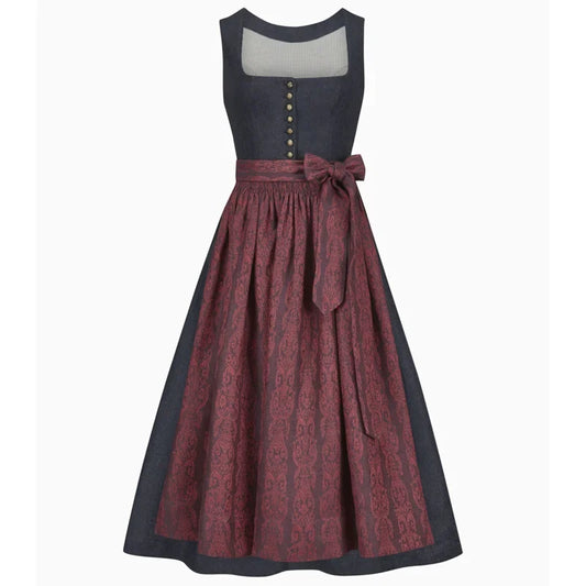 Two-tone dress with a patterned skirt and solid top on a white background