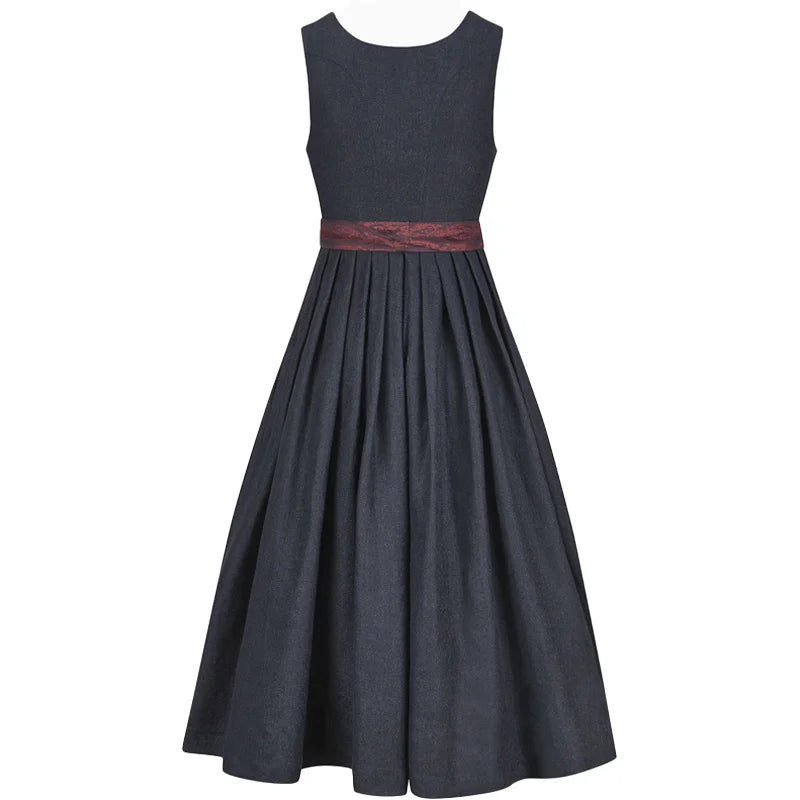 Dark gray dress with a red belt on a white background