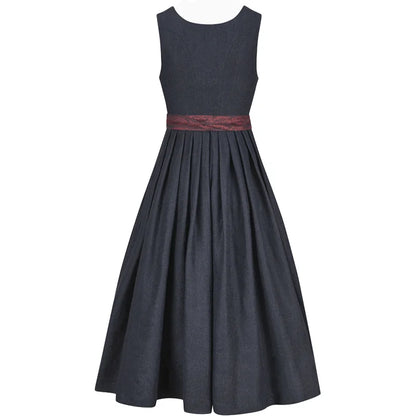 Dark gray dress with a red belt on a white background