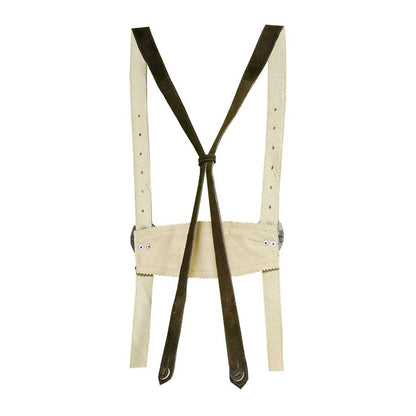 Beige suspenders with brown leather straps on a white background
