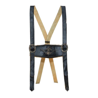 Black leather suspenders with decorative buckle on a white background