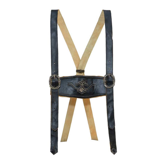 Black leather suspenders with decorative buckle on a white background