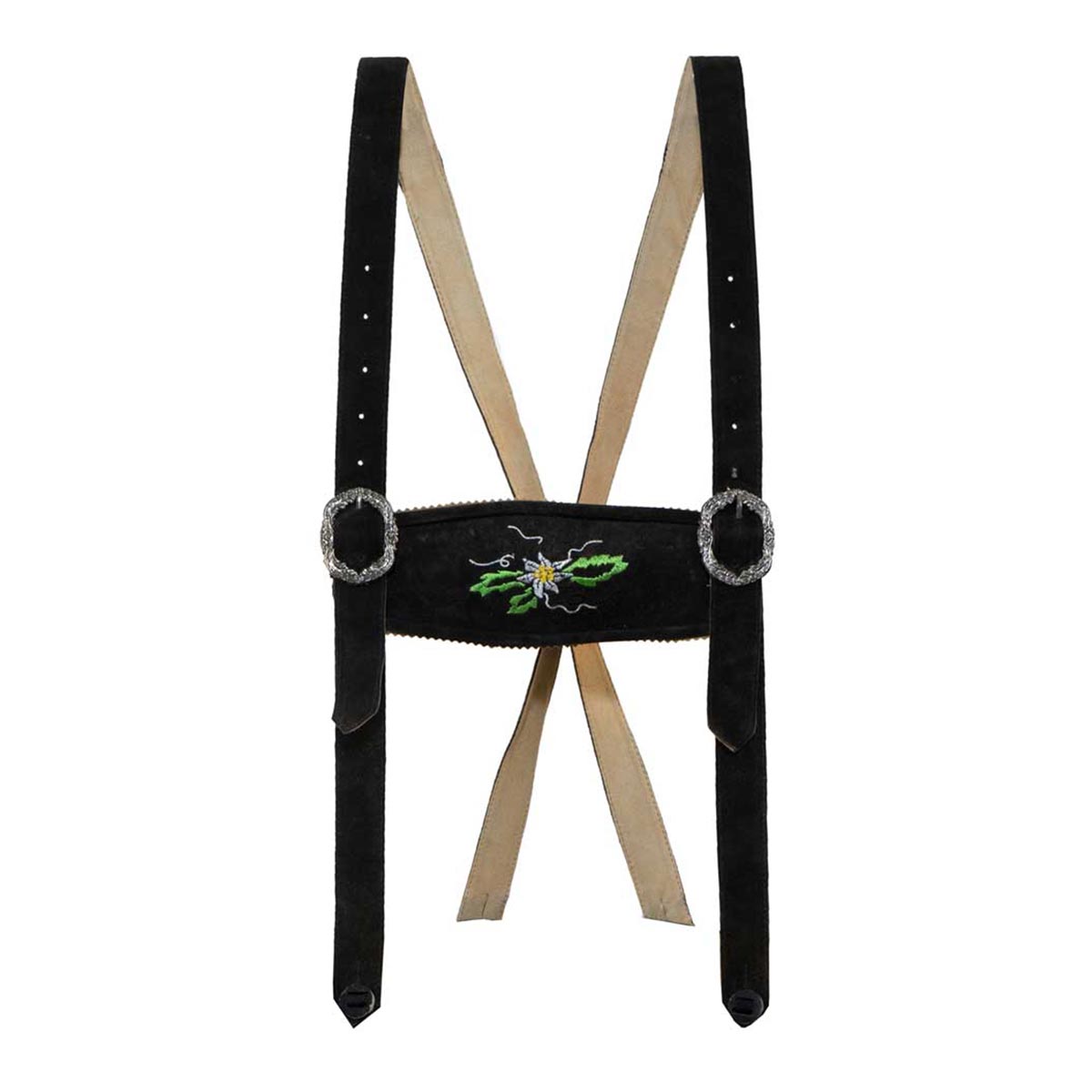 Black leather belt with embroidered design on a white background