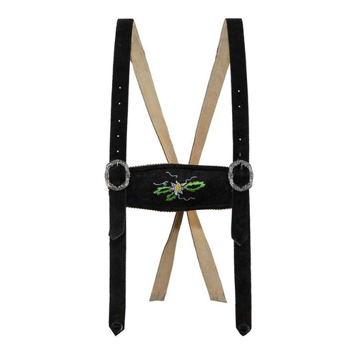 Black leather belt with embroidered design on a white background