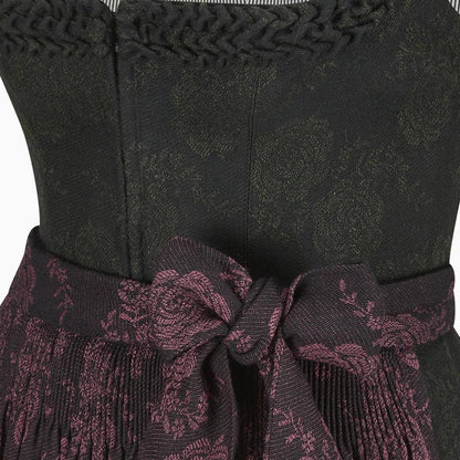 Black and purple patterned dress with a belt on a white background