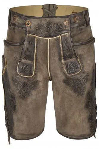 Brown leather shorts with decorative stitching on a white background