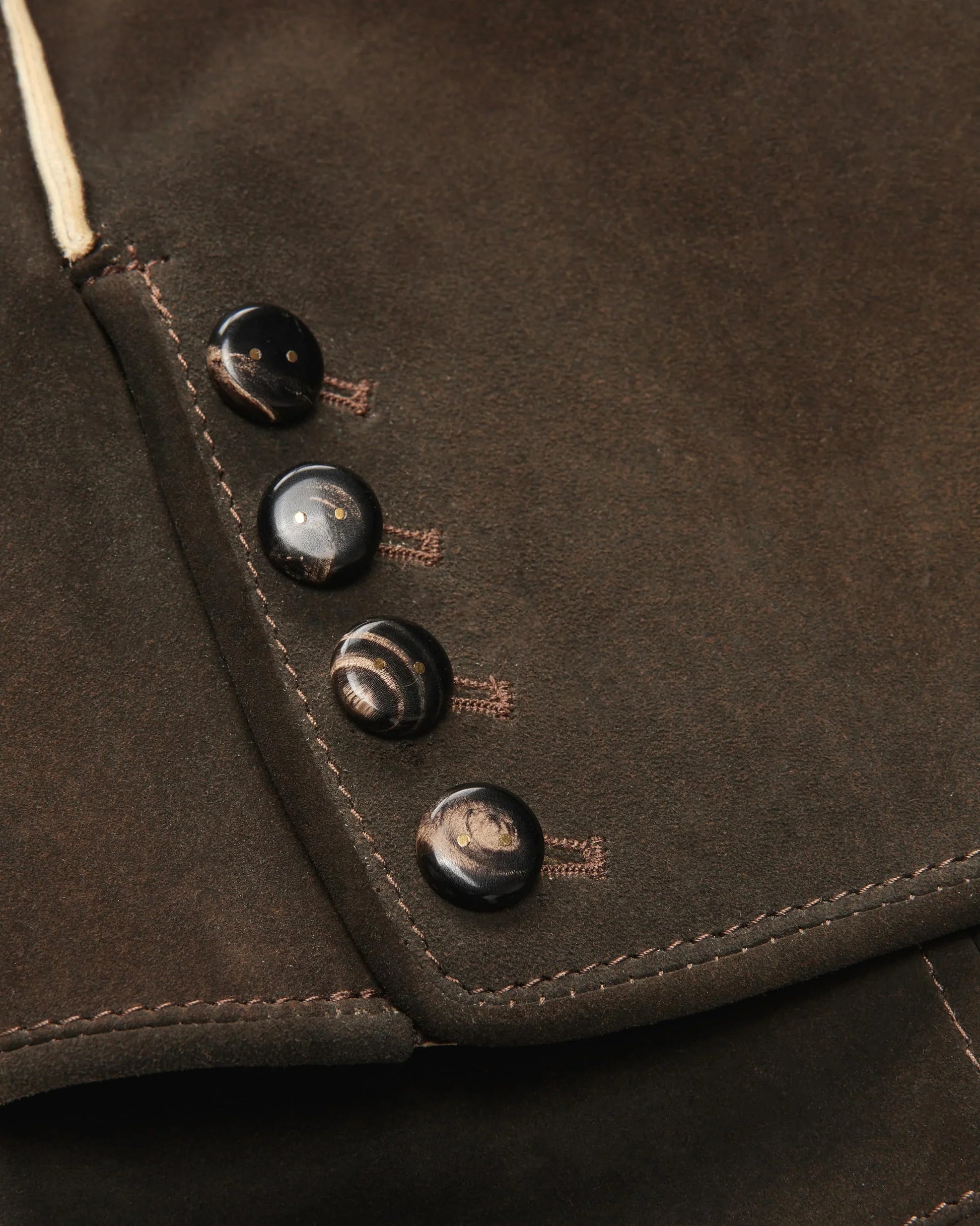 Close-up of a brown jacket with buttons and stitching details