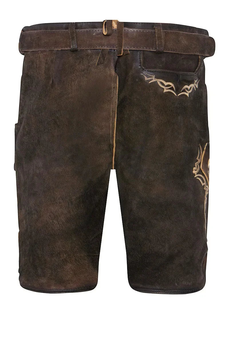 Brown leather shorts with decorative stitching on a white background