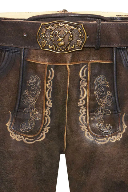 Brown leather pants with gold embroidery and a decorative belt buckle.