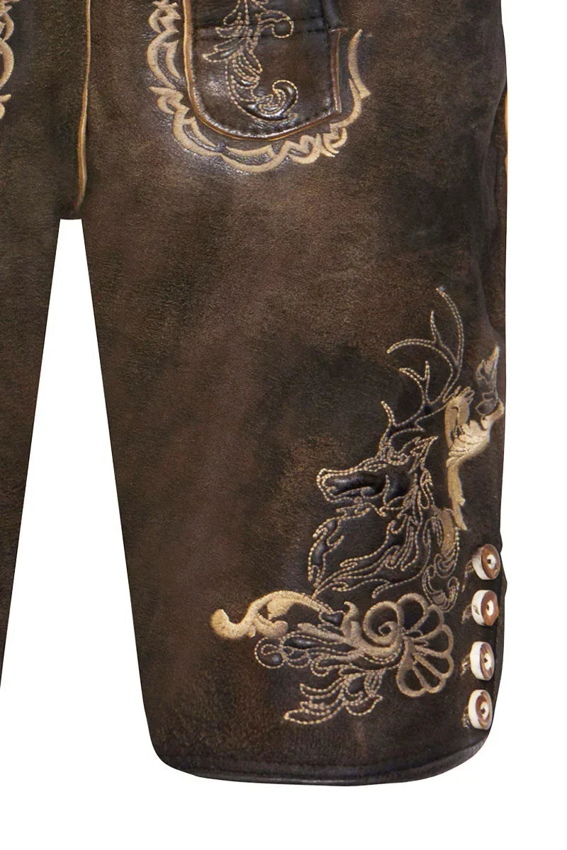 Brown leather shorts with gold embroidery and decorative buttons on a white background
