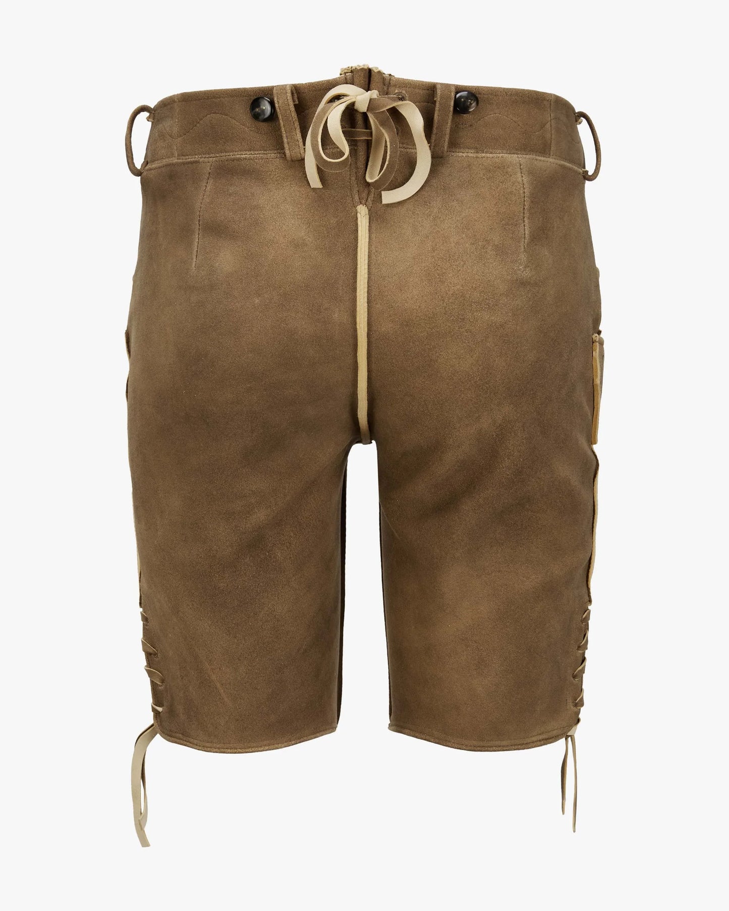 Brown leather shorts with drawstring on a white background