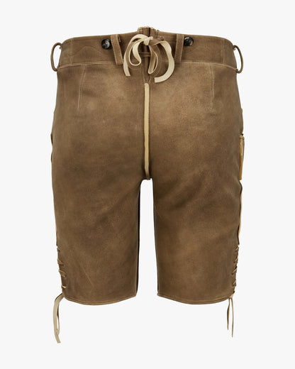 Brown leather shorts with drawstring on a white background