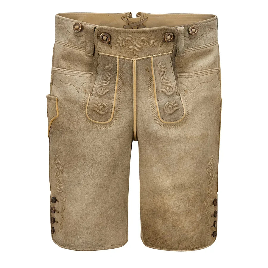 Brown leather shorts with decorative stitching on a white background