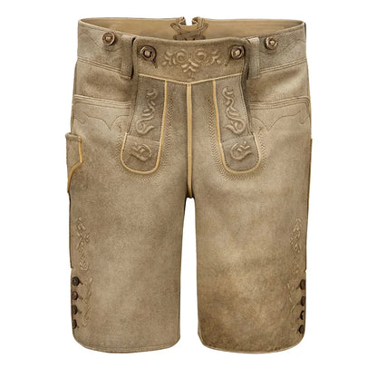 Brown leather shorts with decorative stitching on a white background