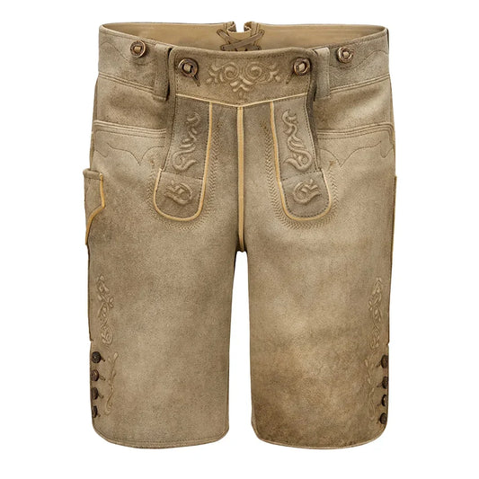 Brown leather shorts with decorative stitching on a white background