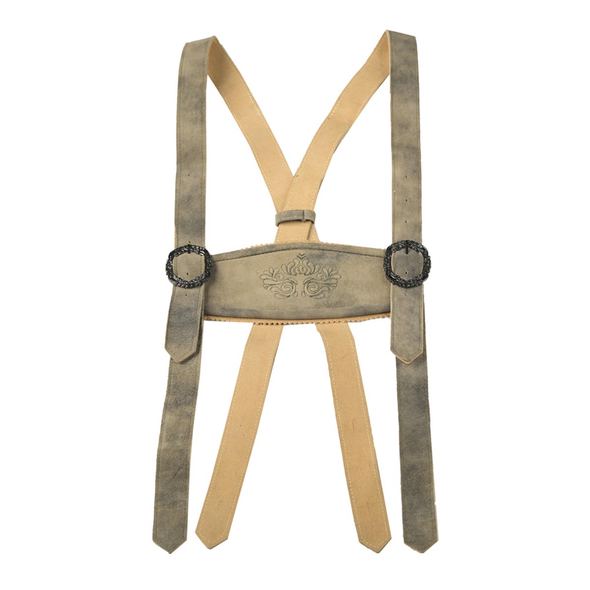 Suspenders with decorative buckle on a white background