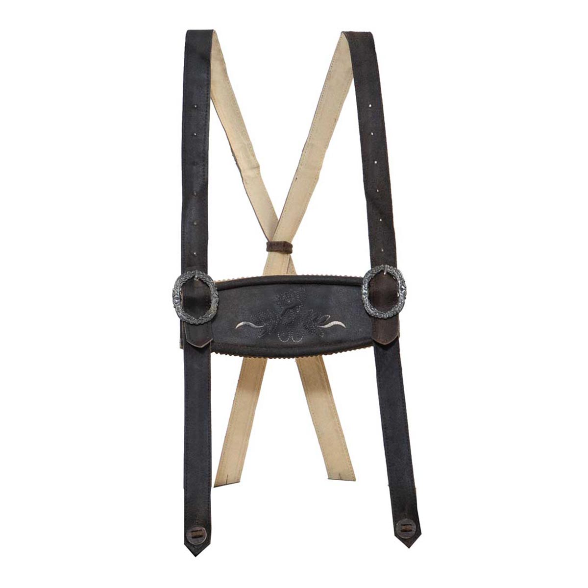 Black leather suspenders with decorative metal clasp on a white background