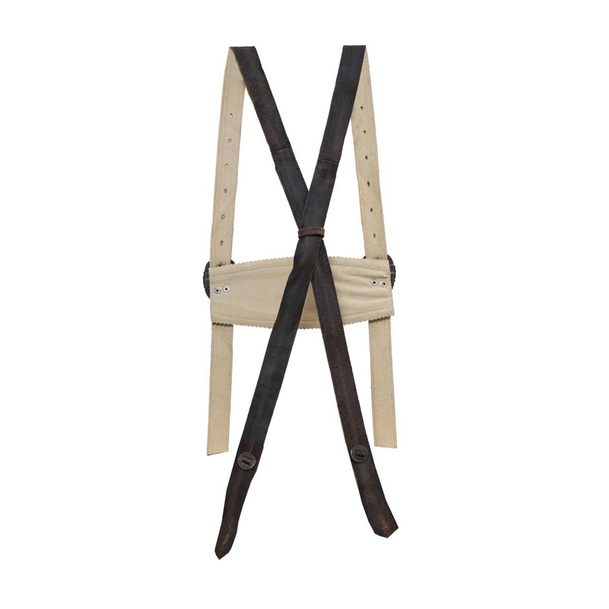 Beige suspenders with black straps on a white background