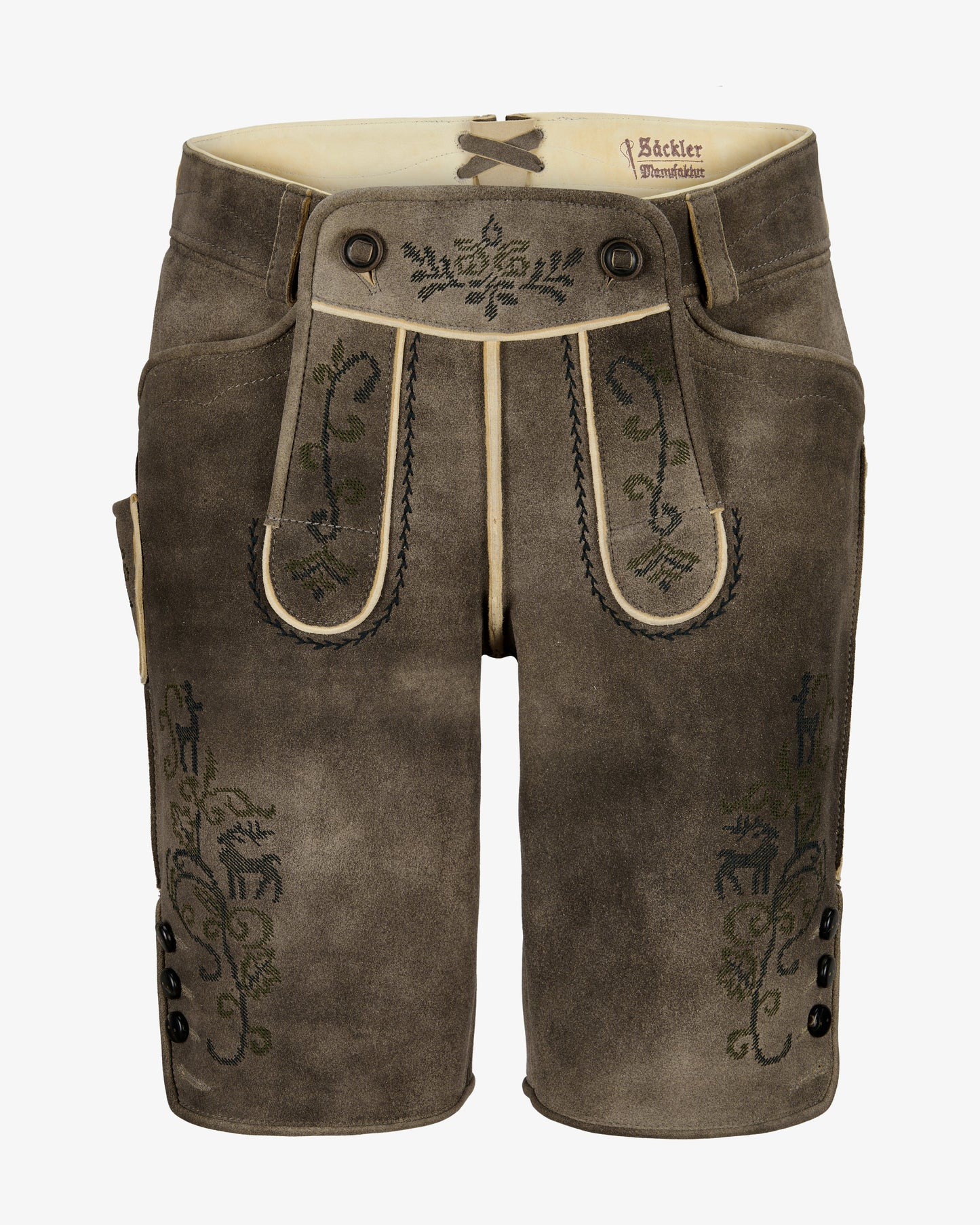 Brown leather shorts with decorative stitching on a white background