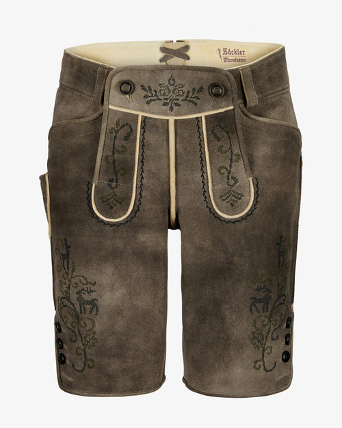 Brown leather shorts with decorative stitching on a white background