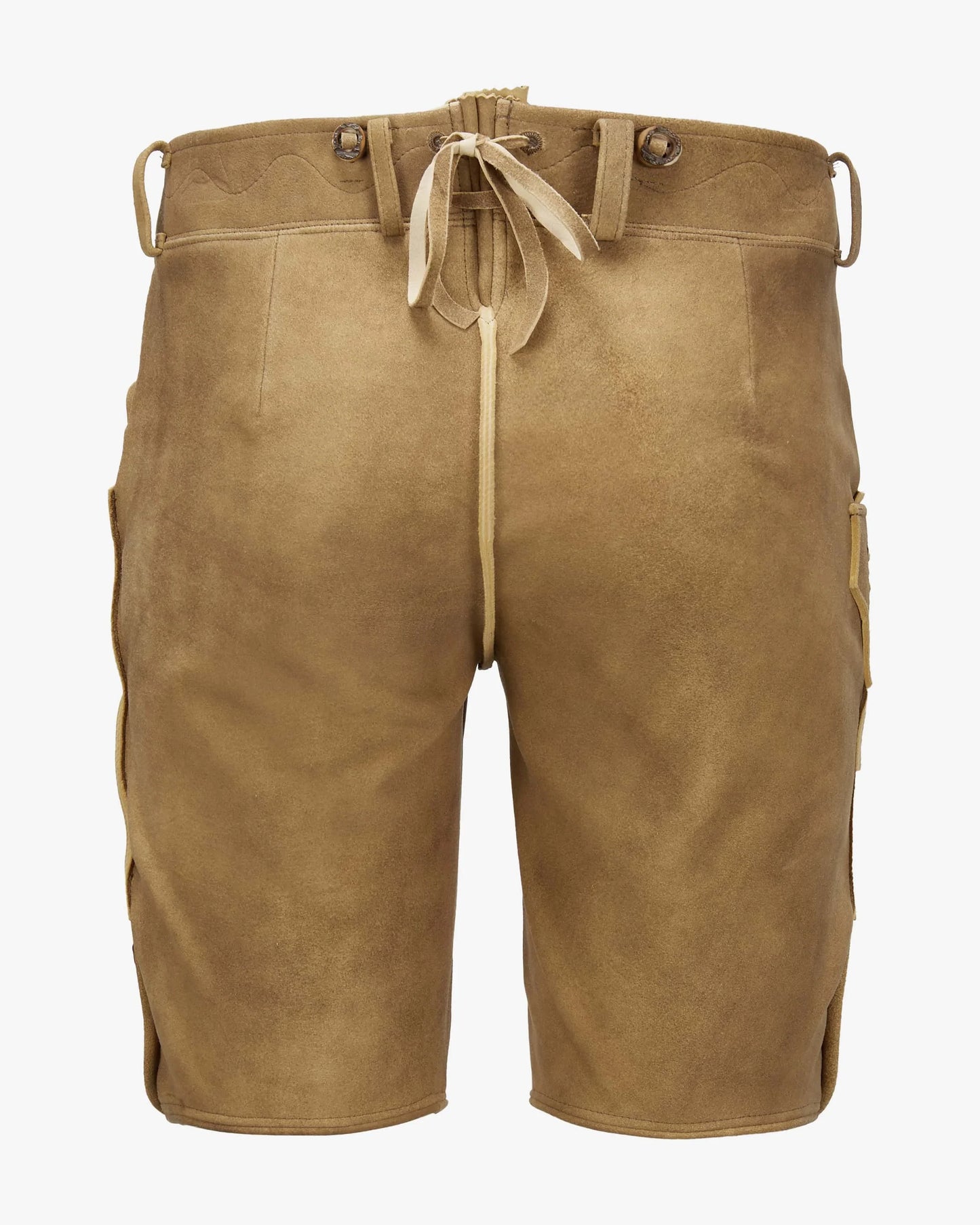 Brown leather shorts with a drawstring on a white background