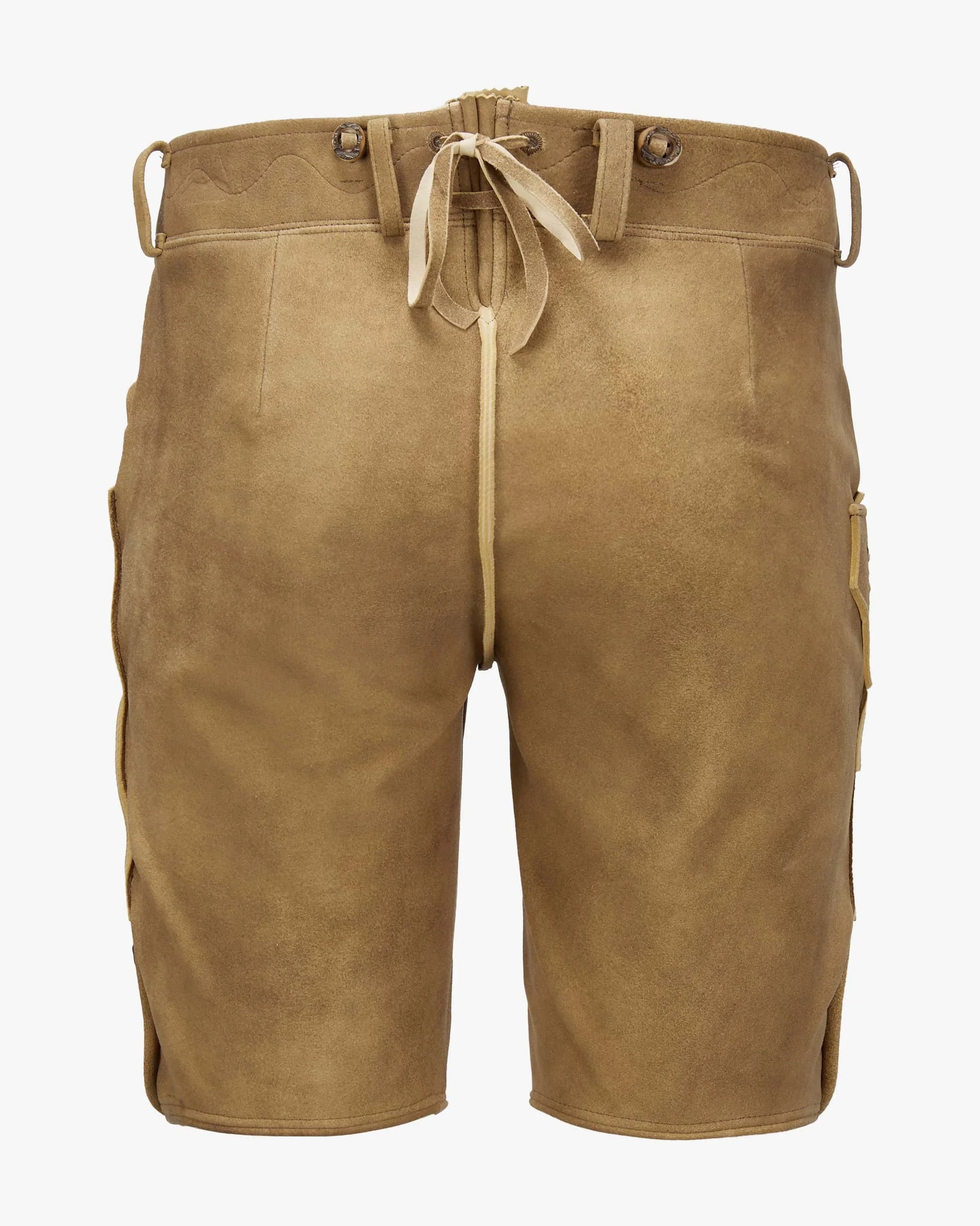 Brown leather shorts with a drawstring on a white background