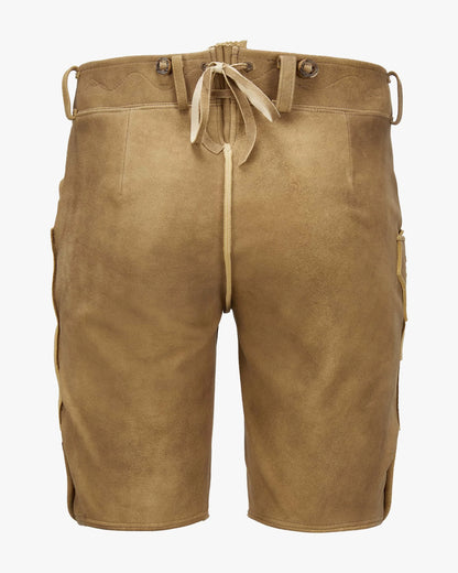 Brown leather shorts with a drawstring on a white background