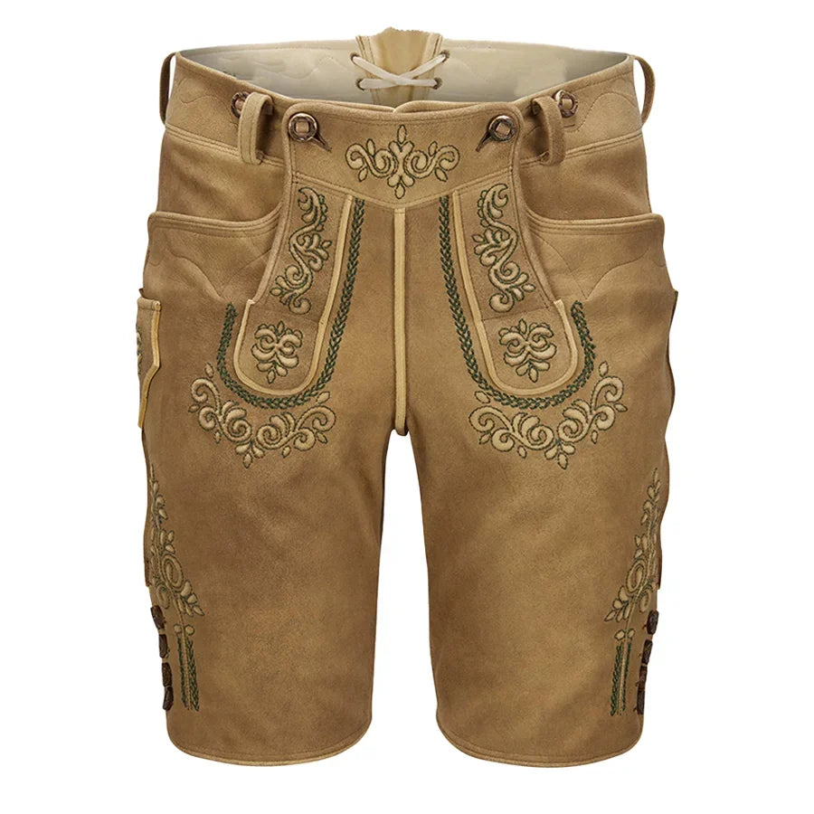 Brown shorts with intricate embroidery on a white background