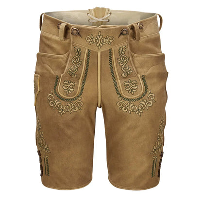 Brown shorts with intricate embroidery on a white background