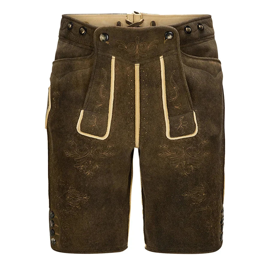 Brown leather shorts with decorative stitching on a white background