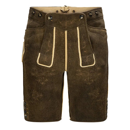 Brown leather shorts with decorative stitching on a white background