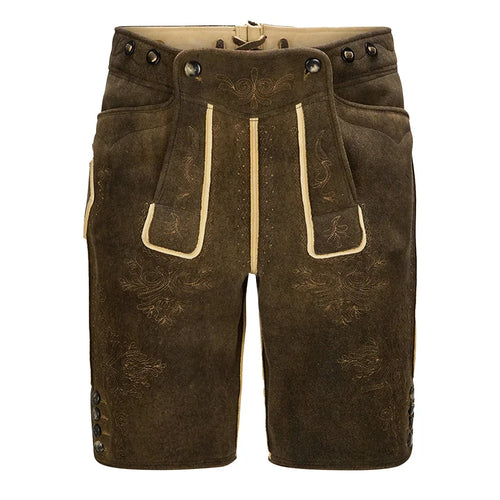 Brown leather shorts with decorative stitching on a white background