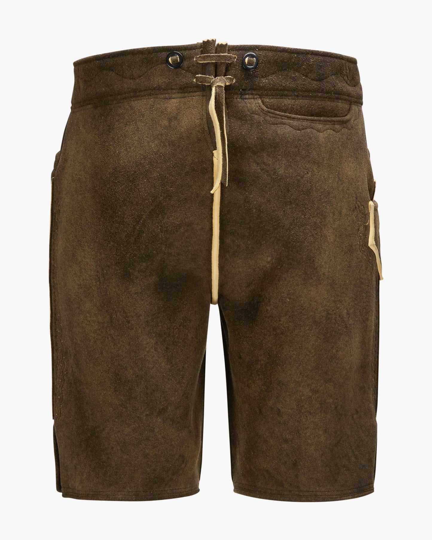 Brown shorts with a drawstring on a white background