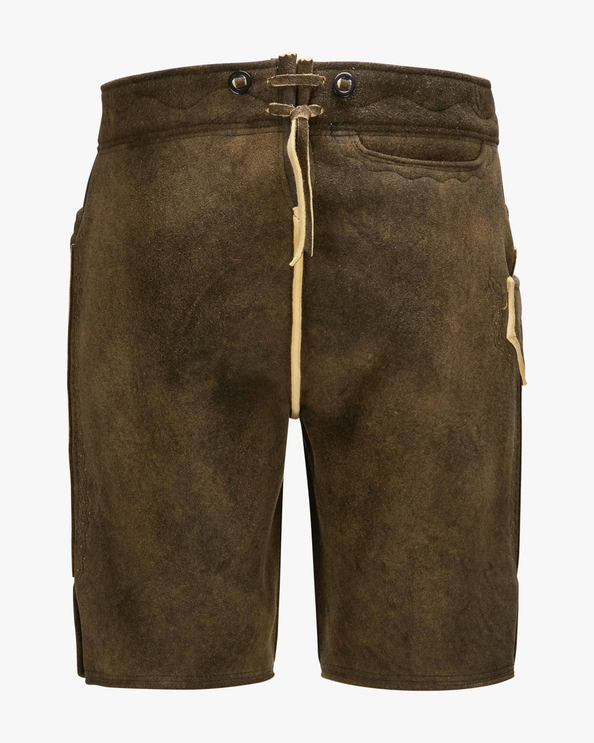 Brown shorts with a drawstring on a white background