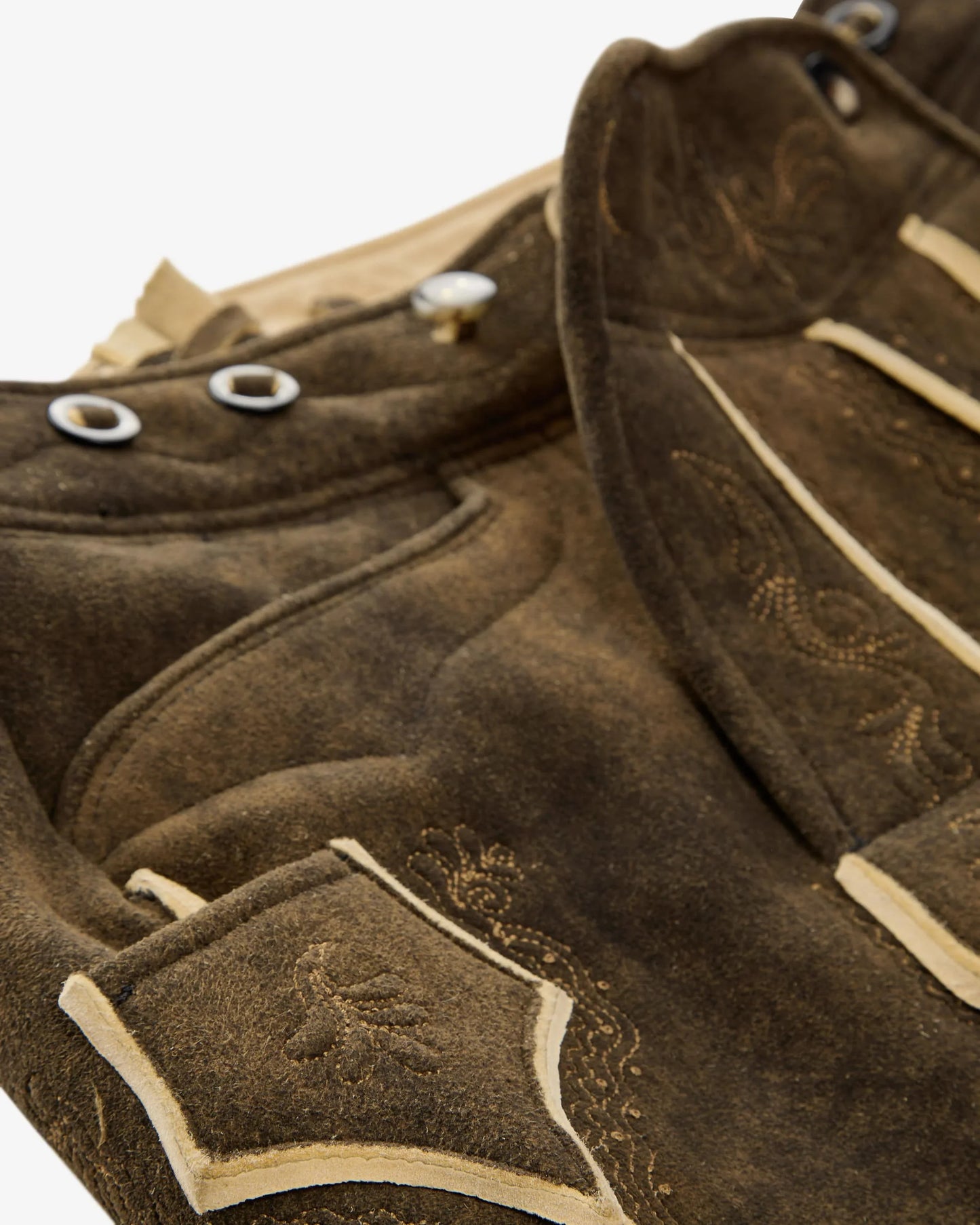 Close-up of brown leather gloves with decorative stitching on a white background
