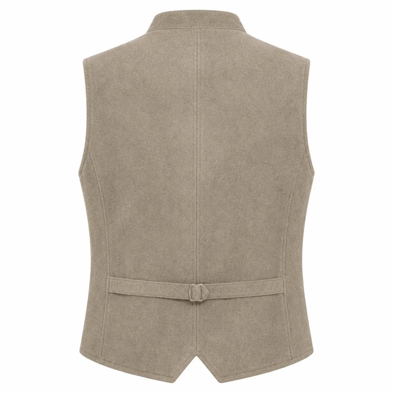 A sleeveless beige vest with a collar and a matching waist tie, shown from the back on a plain white background.