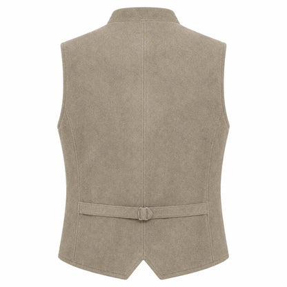 A sleeveless beige vest with a collar and a matching waist tie, shown from the back on a plain white background.