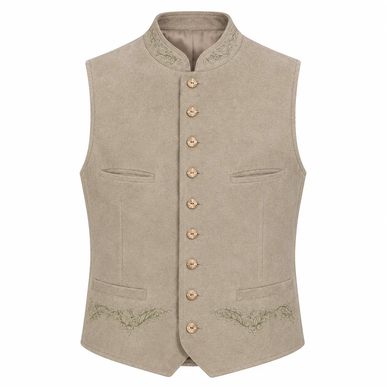 A light beige traditional German waistcoat (Mantel) with a mandarin collar, gold-tone buttons, and subtle green embroidery on the pockets and lower front, shown against a plain white background.
