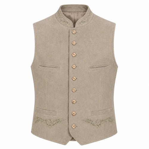 A light beige traditional German waistcoat (Mantel) with a mandarin collar, gold-tone buttons, and subtle green embroidery on the pockets and lower front, shown against a plain white background.