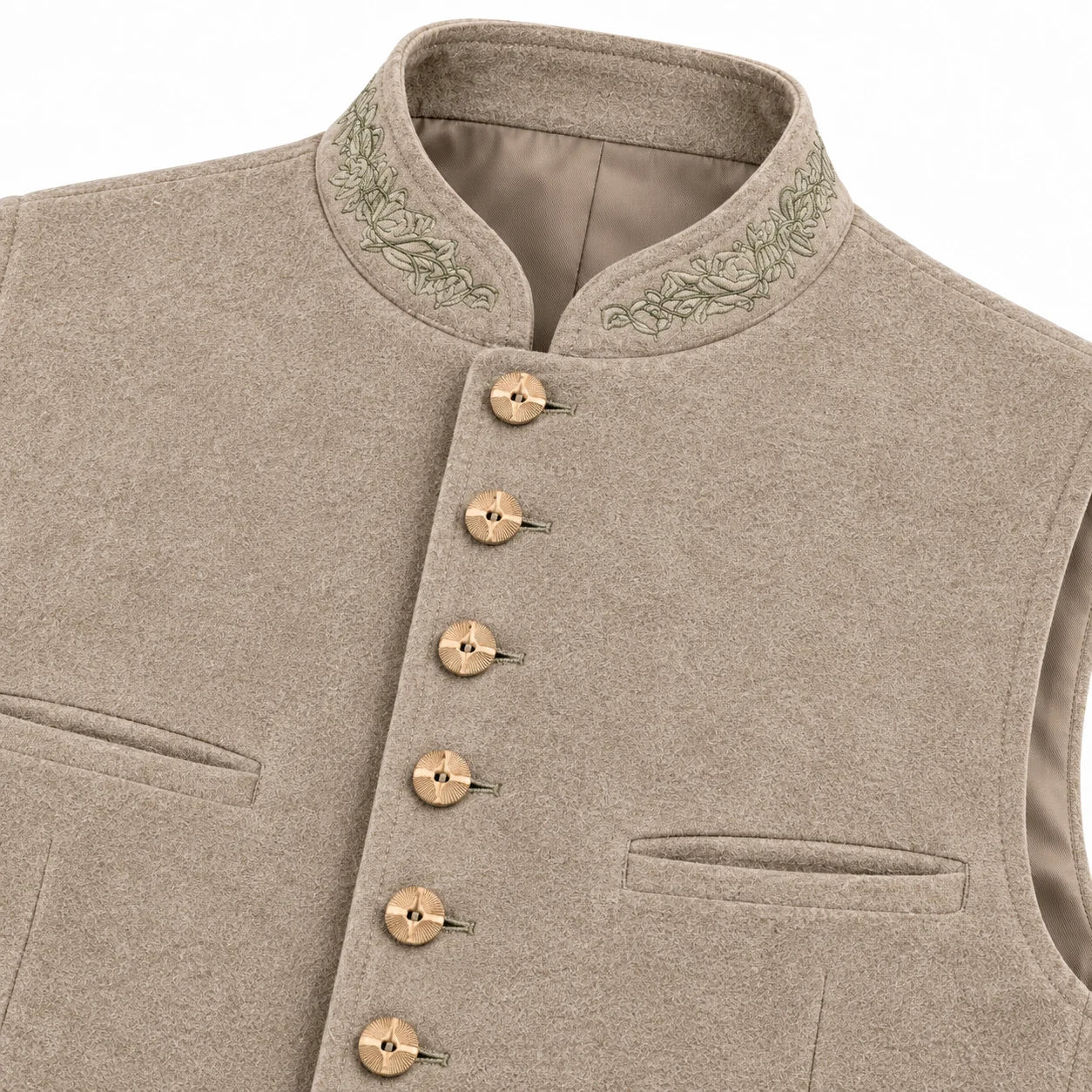 A close-up of a beige wool-blend waistcoat with a mandarin collar, decorative green embroidery on the collar, and five gold-tone buttons down the front.