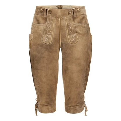 Brown leather pants with decorative stitching on a white background